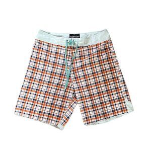 Sauce Hockey Mens Swim Board Shorts Trunks Blue Orange Plaid Drawstring Large